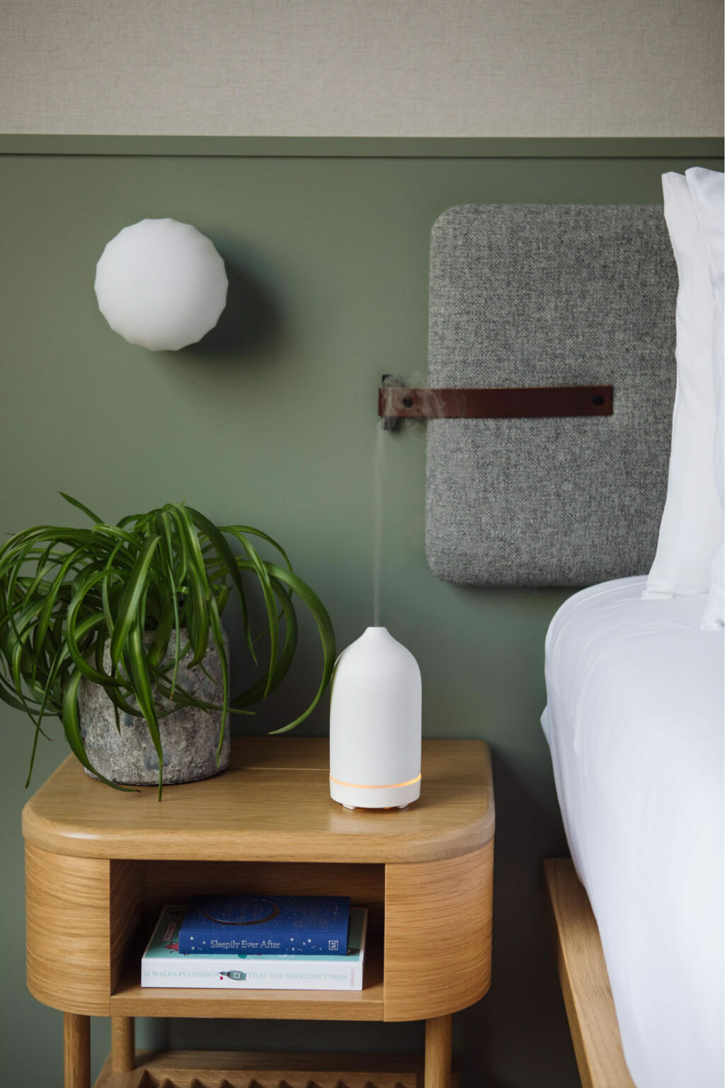 hotel bedroom with plant and diffuser